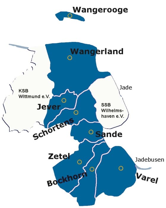 Karte des Landkreises Friesland mit Wangerooge, Wangerland, Jever, Schortens, Sande, Zetel, Bockhorn und Varel sowie den Nachbarsportbünden Wittmund und Wilhelmshaven