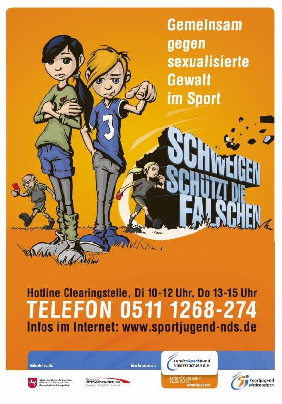 Plakat „Gemeinsam gegen sexualisierte Gewalt im Sport – Schweigen schützt die Falschen“ der Sportjugend Niedersachsen mit der Hotline der Clearingstelle.